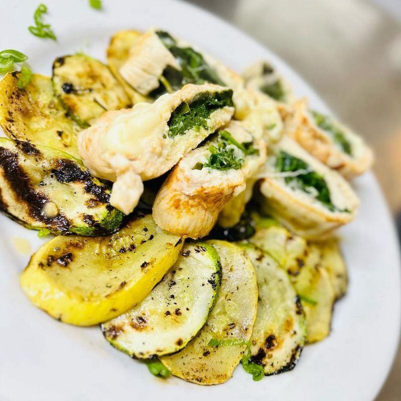 Stuffed Chicken over Zucchini and Squash