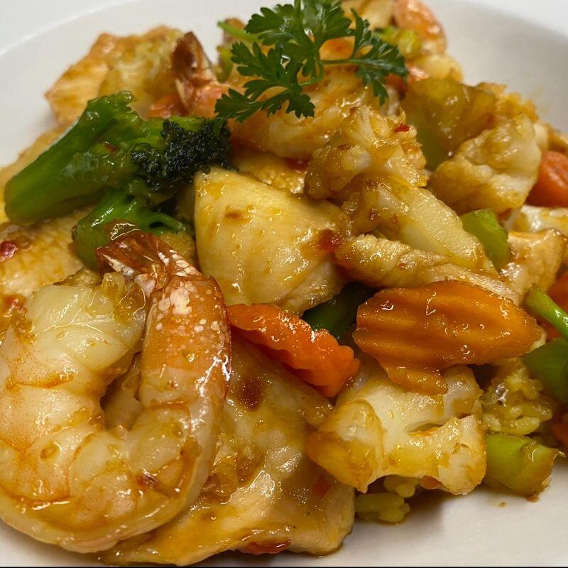 Chicken and Shrimp Stirfry over Rice